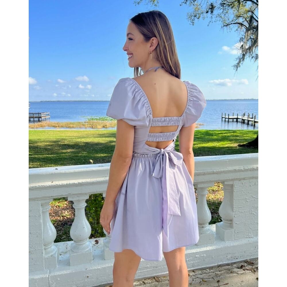 NWT Altar’d State Kemlyn Misty Lilac Cotton Smocked Puff Sleeve Mini Dress S